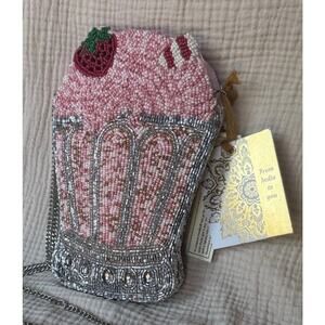 Hand Beaded Pink Novelty Dessert Shoulder Bag with Silver Chain Strap from India